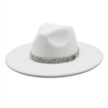 Detail of white wool fedora hat featuring a silver rhinestone band and golden M metal logo - M (56-58cm) / White