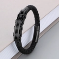 Men's black woven leather bracelet with industrial bike chain link and magnetic clasp - 19cm / Style A Black