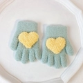 Kids warm knit winter gloves in light blue with soft yellow plush heart decoration - One Size (1-4Y) / Green