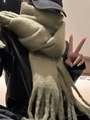 Soft mohair knit scarf in light green featuring thick texture and long fringe tassels - Army Green