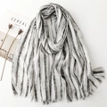 Artistic black and white striped cotton linen scarf with subtle gold sequins for women - Dark Grey