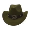 Détail du chapeau de cowboy en feutre vert olive avec lanière en cuir et emblème d'aigle - Vert Militaire