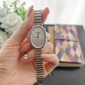 Elegant vintage oval silver quartz watch for women with a stylish metal chain strap - Watch Only / Silver