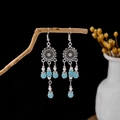 Bohemian silver drop earrings with blue beads and white pearl tassels on branch - Silver + Blue White Beads + Tassel (E5808-2/Green)