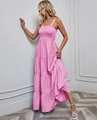 Abito lungo a righe rosa con corpetto elastico e dettagli dell'orlo a balze balze - S / Rosa