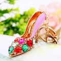Golden high heel keychain with multi-color rhinestones and pink enamel finish - Pink Crystal Shoe