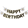 Detail of Happy Birthday banner with black gold-edged letters and daisy floral accents - Black Birthday Bronzing Banner with Flowers