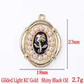 Oval retro rose pendant in light gold finish with black enamel and pearl border - 13824-KC Gold Plated-Glossy Black Enamel Oval Rose