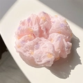 Pink scrunchie with yellow and purple geometric patterns and a soft crinkled texture - Pink Polka Dot