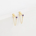 Gold tassel stud earrings featuring round purple zirconia in a minimalist u-shaped design - February Violet - Gold