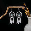 Bohemian silver dreamcatcher earrings with green beads and feather charms on a branch - Silver Cyan Green Dreamcatcher Feather(E4391)