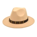 Close-up of beige wool fedora hat with brown leather band and gold metal accents - M (56-58cm) / Beige