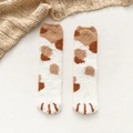 White and brown spotted cat paw socks in soft coral fleece for warm home wear - One Size / Khaki Cat Pattern