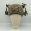 Handmade crochet cat ear beanie with stars in light coffee and green stripes - Light Coffee