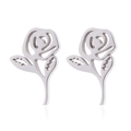 Macro shot of silver hollow-out rose stud earrings with intricate petal and leaf details - Rose / Steel