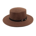 Detailed weave of dark brown straw hat with black leather band and gold buckle - M (56-58cm) / Coffee