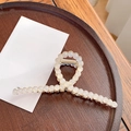 Elegant gold hair claw clip featuring rows of white imitation pearls on a wooden tray - Ribbon-Small Bead - 11.5cm