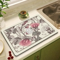 Absorbent vintage floral kitchen drying mat with pink flowers and happy every day text - MSHH-6/Pink Sweet Pea