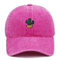 Close-up of green cactus embroidery on a vintage washed pink cotton baseball cap - Rose Red