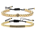 Bracelet tressé réglable avec perles dorées et charmes en zircone noire micro-pave - Ensemble / Or