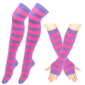 Purple and pink striped thigh-high socks and matching fingerless gloves set - One Size / Rose Red Purple Stripe