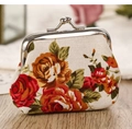 Floral fabric coin purse with vintage rose pattern and secure metal clasp on wood - 3007-4# White Retro Rose