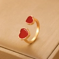 Retro asymmetric red heart open ring in polished gold finish for women's fashion - Gold Dual Red Heart Open Ring (1470)