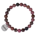 Pink natural stone beaded bracelet with a custom engraved round metal charm - Black Line Rhodonite - Custom Bracelet