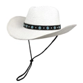 Detail of white straw cowboy hat with turquoise studs and adjustable chin strap - M (56-58cm) / Pure White