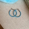Macro shot of minimalist blue enamel hoop earrings on a beige textured fabric background - 26# Silver Earring Post - Silver Blue - 3cm