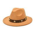 Classic camel wool jazz fedora hat with leopard print band and gold star rivets - M (56-58cm) / Camel