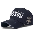 Distressed dark blue baseball cap with 3D BOSTON embroidery and vintage torn brim effect - Navy Blue