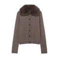 Women's warm brown knit cardigan with elegant faux fur collar and button closure - S / Camel