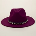 Detailed view of the wine red fedora hat with silver chain and ribbon trim - M (56-58cm) / Burgundy