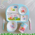 Detailed 5-piece bamboo fiber kid set with Peppa Pig pattern and divided plate - Complete Display Box / Rectangle