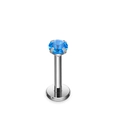Detail of silver stainless steel labret stud with a round blue zircon gemstone inlay - Aqua Blue Zircon