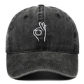 Detailed embroidery of OK hand sign on washed grey denim retro baseball cap - Adjustable / Black