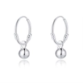 Detail of silver S999 minimalist drop earrings with polished sphere pendant on white background - S999 Sterling Silver / Dangle Bead Earrings
