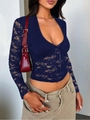 Sexy navy blue lace long sleeve top with deep V-neck and decorative bow tie for women - Blue