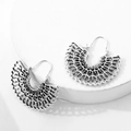 Vintage hollow fan-shaped drop earrings in antique silver finish with geometric texture - Antique Silver (7385)