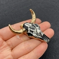 Unique gold plated bull head skull pendant with black and white resin pattern on hand - No.17 Zebra Pattern with Gold Horns
