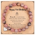 Bracelet en pierres naturelles roses et noires avec cœur argenté pour cadeau de 75 ans - Bracelet en Pierre Rhodonite + Carte Joyeux 75ème