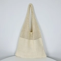 Minimalist cream knit tote bag featuring hollow mesh stitching and wide shoulder straps - Beige