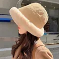 Light beige corduroy bucket hat with plush faux fur trim for winter warmth - M (56-58cm) / Mongolian Hat Beige