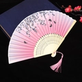 Pink gradient Chinese folding fan with black butterfly motifs and elegant pink tassel - Style 64