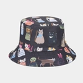 Close-up of colorful cartoon cat patterns printed on black cotton bucket hat fabric - M (56-58cm) / Color 4 (Personality Cat All-over Print - Black)