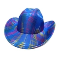 Detail of bright blue cowboy hat featuring a metallic colorful grid pattern and pinched crown - M(56-58cm) / Blue