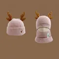 Cute light pink knitted reindeer antler beanie and hooded scarf set for winter - 4481-Dual Use Antler Style / Pink