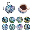 Set of 8 round diamond painting coasters with wolf theme and black metal holder - Moon Wolf