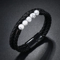 Detail of men's double-layer braided leather bracelet with natural stones and magnetic clasp - Howlite